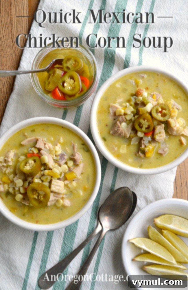 A top-down view of a large pot of quick Mexican chicken corn chowder, simmering gently and ready to be served, highlighting its rich, creamy texture.