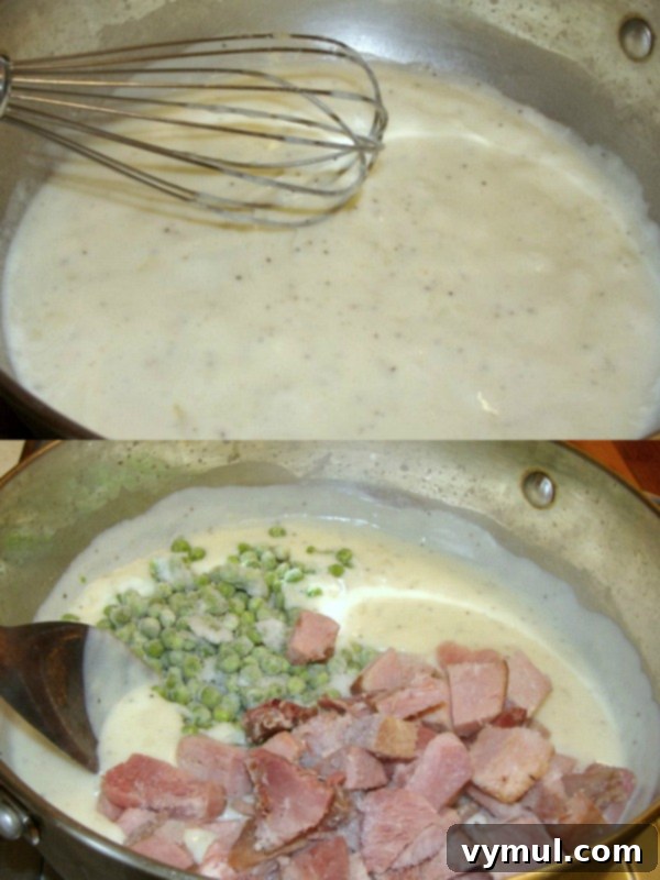 Preparing the creamy filling for cheesy ham pot pie with vegetables.