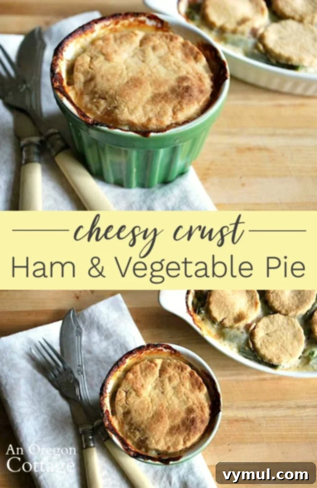 Cheesy crust ham and vegetable pie served in individual ramekins, with a close-up of the golden crust.
