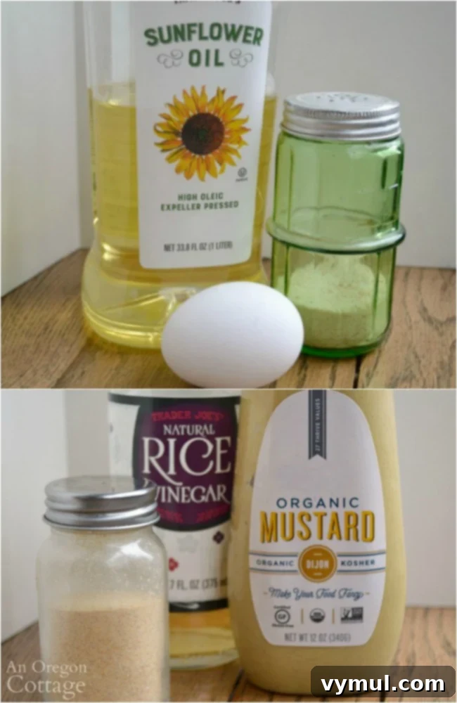 Simple ingredients for homemade mayonnaise: egg, oil, vinegar, mustard, salt, garlic powder