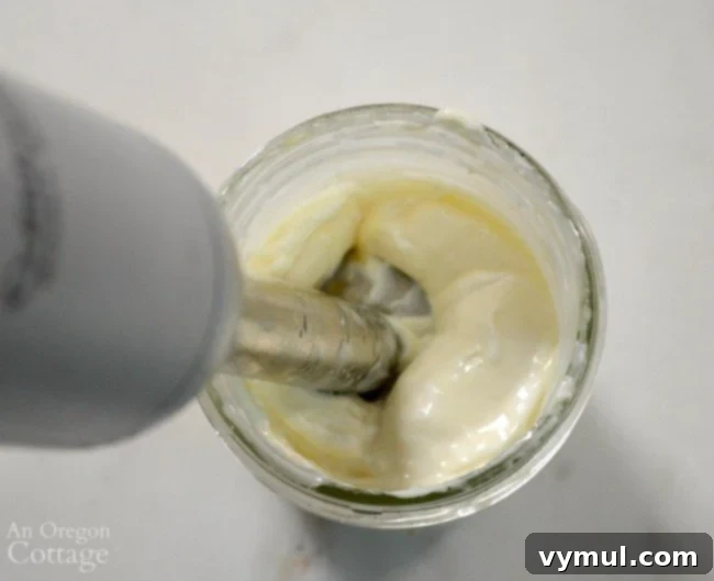 Immersion Blender Homemade Mayonnaise in a mason jar