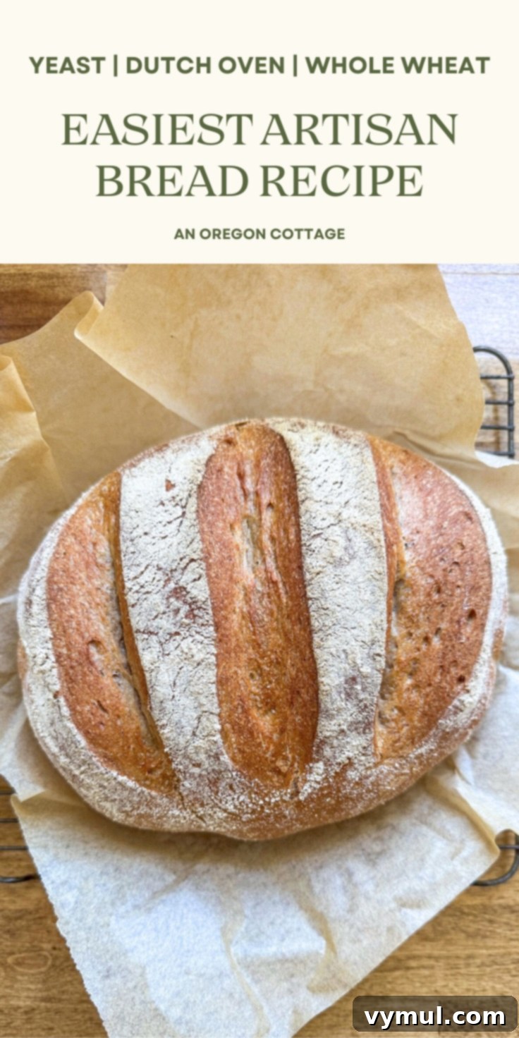 Foolproof Dutch Oven Whole Wheat Artisan Bread 19 Pin-friendly image for artisan bread recipe: A beautifully baked loaf with a crisp crust and tender crumb.