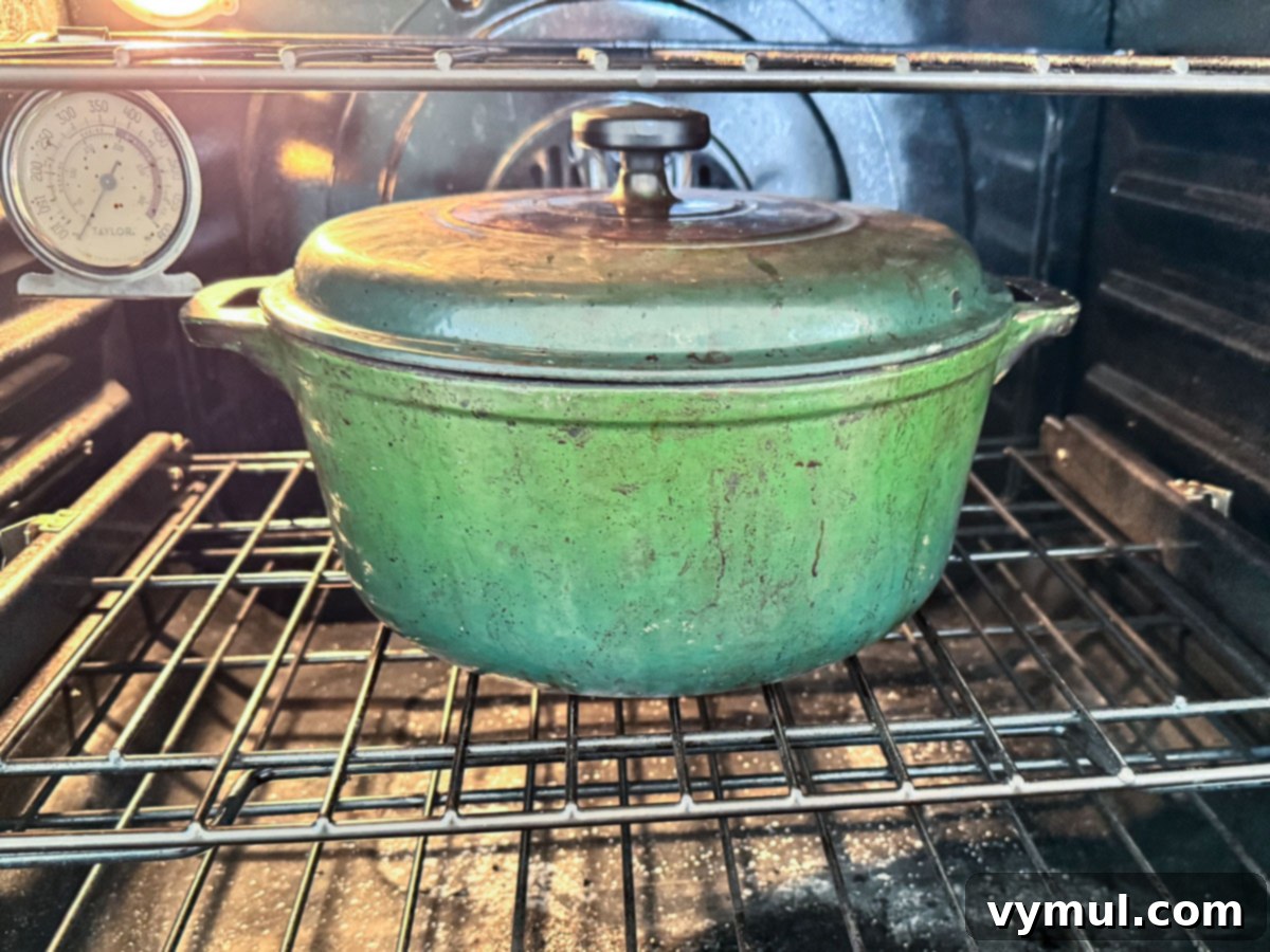 Foolproof Dutch Oven Whole Wheat Artisan Bread 5 Enamel cast iron Dutch oven inside a hot oven, ready for bread baking.
