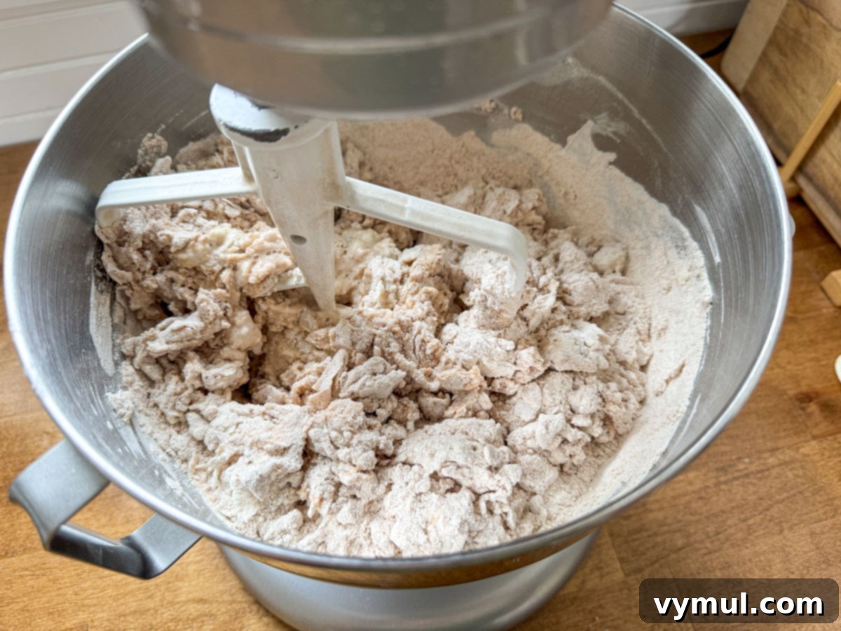 Foolproof Dutch Oven Whole Wheat Artisan Bread 8 Step 2: Mixing artisan bread ingredients in a stand mixer bowl until combined.