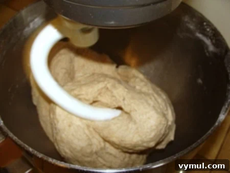 Whole wheat bread dough being actively kneaded by a dough hook in a stand mixer, demonstrating proper dough consistency.