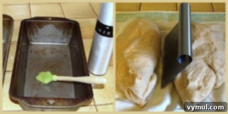 Prepared loaf pans and divided whole wheat bread dough, ready for shaping and placement in pans.