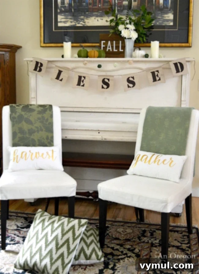 A Blessed Autumn Glow: Gold, Green, White for Your Piano 2 Fall Mantel Decor Idea: Blessed fall green and white piano decor
