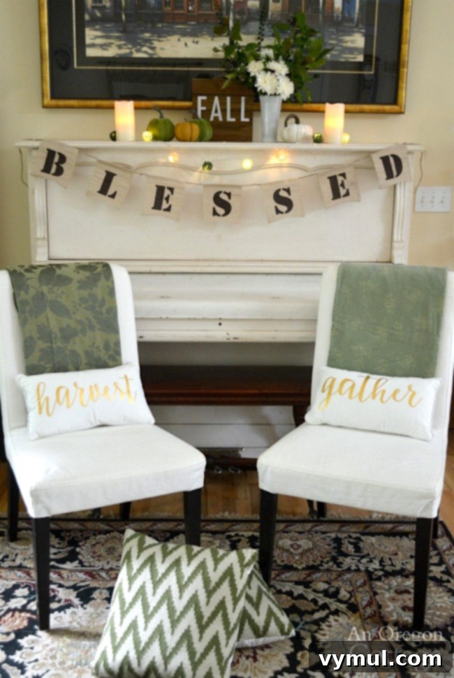 A Blessed Autumn Glow: Gold, Green, White for Your Piano 6 Fall decor ideas-Blessed fall green and white piano decor lit