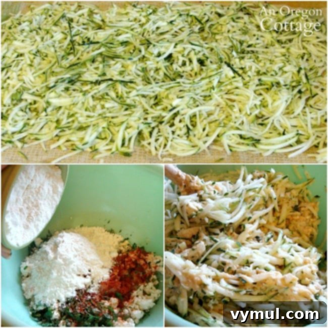 Zesty Zucchini Feta Fritters 5 The process of making zucchini feta fritters, showing shredded zucchini on a towel, mixed batter in a bowl, and raw patties ready for cooking.