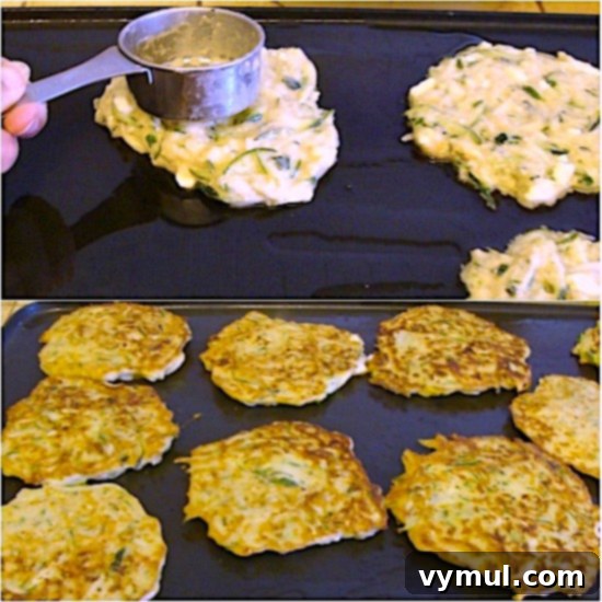 Zesty Zucchini Feta Fritters 6 Golden-brown zucchini feta fritters sizzling in a hot pan, showing the cooking process to achieve a crispy texture.