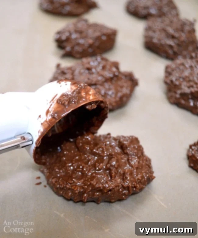 Effortless 3-Ingredient Low Sugar Dark Chocolate Coconut Clusters 6 Dark Chocolate Coconut Clusters - shaping individual clusters onto parchment paper.