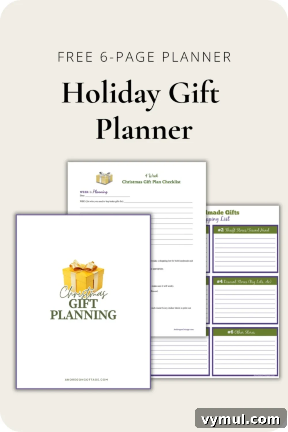 A festive display of the six-page, four-week holiday gift planner on a warm tan background, ready to organize your Christmas shopping and homemade gift projects.