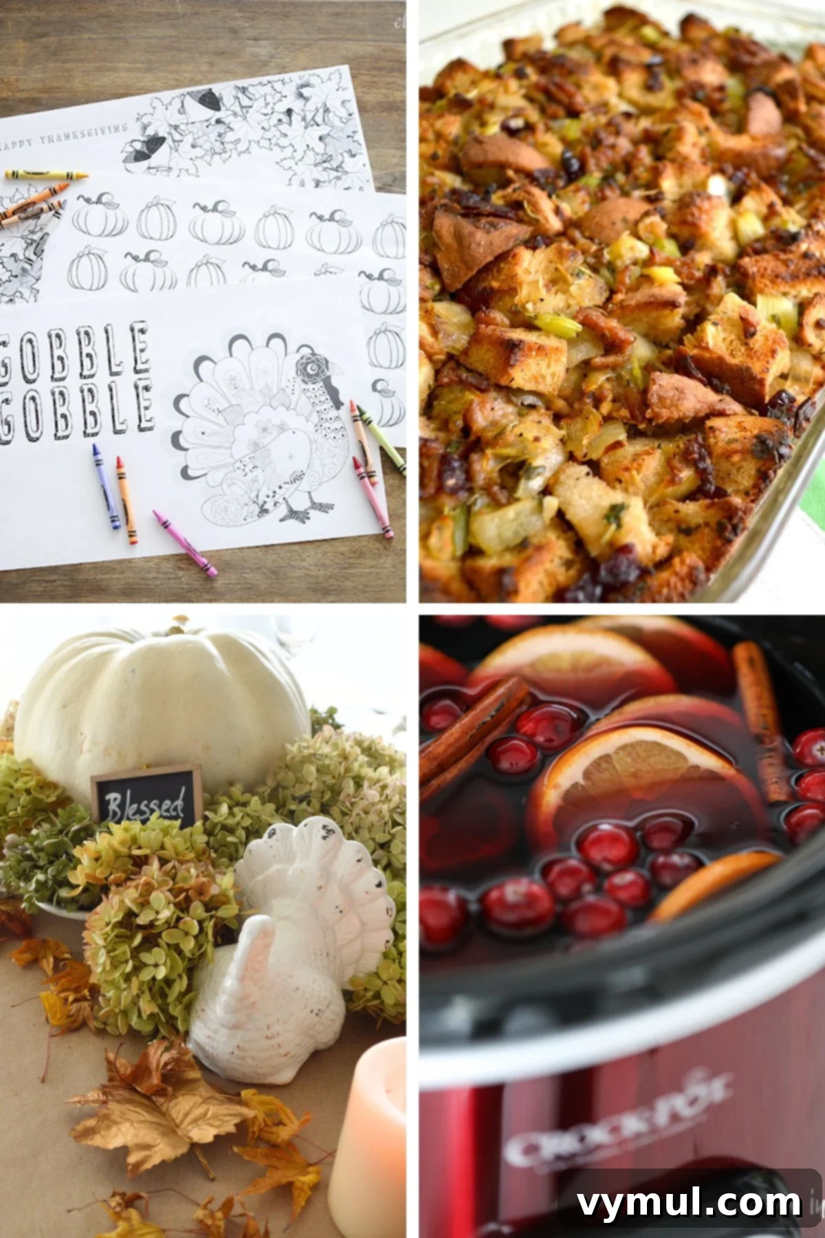 Thanksgiving Crunch Time: 23 Last-Minute Ideas for Doing, Dining, & Discovering 2 Four Thanksgiving ideas-printables, stuffing, centerpiece and sangria. A collage showcasing a free printable activity, a delicious stuffing recipe, a festive centerpiece, and a refreshing sangria, all perfect for last-minute Thanksgiving preparations.