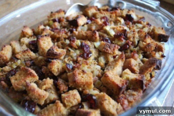 Thanksgiving Crunch Time: 23 Last-Minute Ideas for Doing, Dining, & Discovering 15 Sweet and Savory Sausage-Cranberry Stuffing Dressing - An Oregon Cottage, a generous serving of sweet and savory sausage cranberry stuffing, ready to be enjoyed as a classic Thanksgiving side.