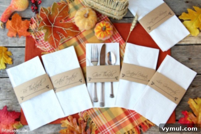 Thanksgiving Crunch Time: 23 Last-Minute Ideas for Doing, Dining, & Discovering 18 Thanksgiving-Napkin-Holders, a collection of printable Thanksgiving napkin holders, featuring fall leaves and festive text, adding an elegant touch to table settings.