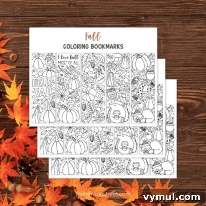 Thanksgiving Crunch Time: 23 Last-Minute Ideas for Doing, Dining, & Discovering 6 fall bookmark printable on wood background, a stack of printable fall bookmarks, ready to be colored, resting on a rustic wooden surface, perfect for a cozy autumn activity.