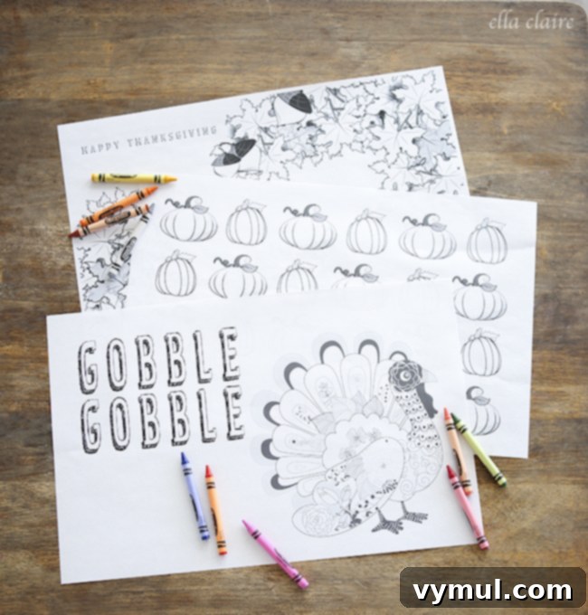 Thanksgiving Crunch Time: 23 Last-Minute Ideas for Doing, Dining, & Discovering 8 thanksgiving coloring placemats printable, charming Thanksgiving themed coloring placemats, laid out and ready for guests to personalize, a perfect activity for children.