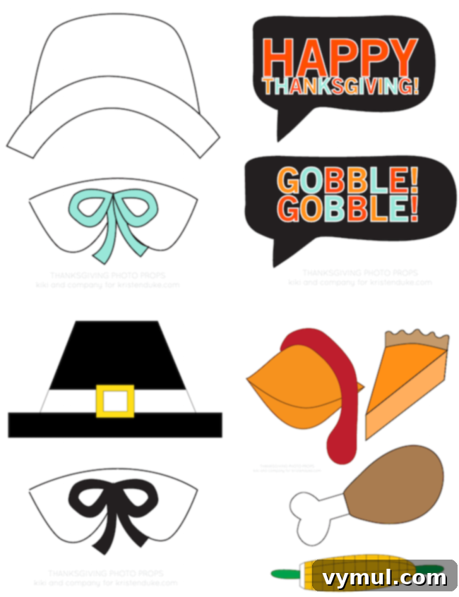 Thanksgiving Crunch Time: 23 Last-Minute Ideas for Doing, Dining, & Discovering 9 Free-Thanksgiving-Photo-Props-at-kristenduke.com, a collection of fun and festive Thanksgiving photo booth props, including hats, glasses, and speech bubbles, ready for holiday pictures.