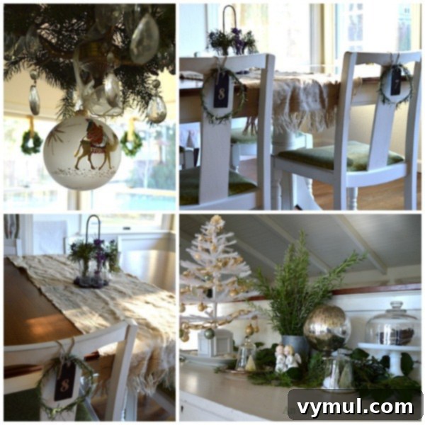 Green and White Dining Room Christmas Decor: A festive dining area decorated with elegant green and white accents, highlighting a fresh, natural holiday aesthetic.