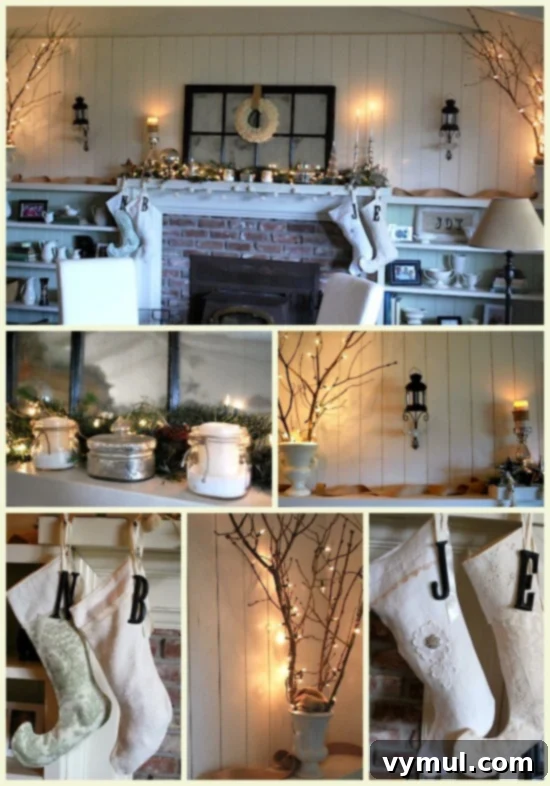 White, Silver, and Burlap Christmas Mantel from 2012: A chic holiday mantelpiece featuring elegant silver accents, crisp white elements, and rustic burlap textures.