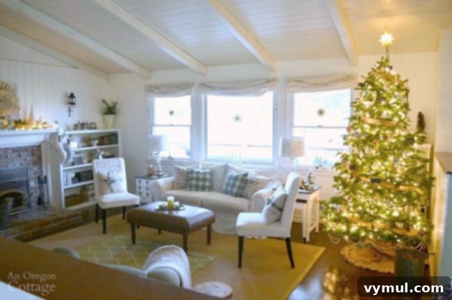 Christmas decor ideas from 2015: A cozy living room featuring a beautifully decorated Christmas tree with green plaid accents, metallic ornaments, and natural touches like antlers.