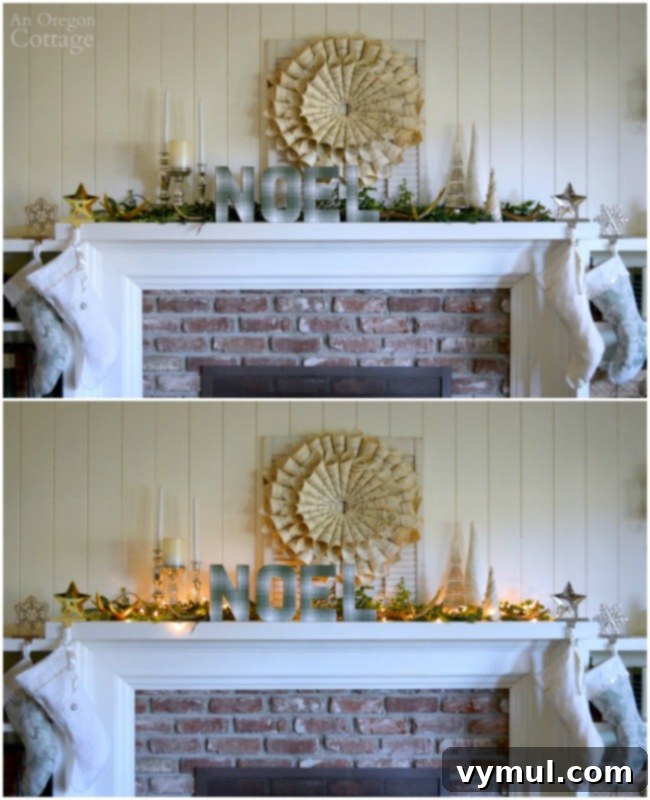 2015 Christmas Home Tour: A festive mantelpiece adorned with greenery, metallic elements, and twinkling lights, showcasing a blend of rustic and elegant holiday decor.