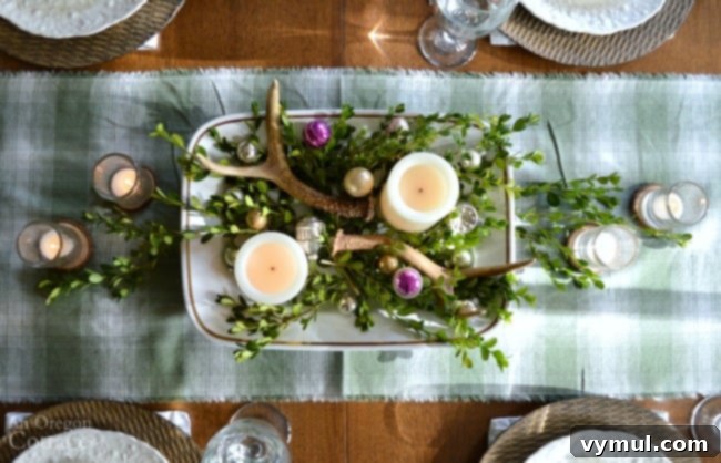 Green Plaid Rustic Christmas Table centerpiece: A beautifully set table featuring a plaid runner, natural elements, and elegant dinnerware, perfect for a festive holiday meal.
