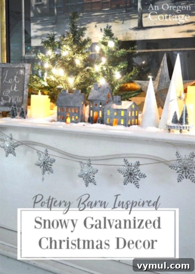 Pottery Barn Inspired Snowy Galvanized Christmas Decor with DIY painted houses and glitter cone trees. #christmasdecor #diy