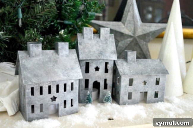 Snowy galvanized Christmas decorations-DIY painted metal village houses