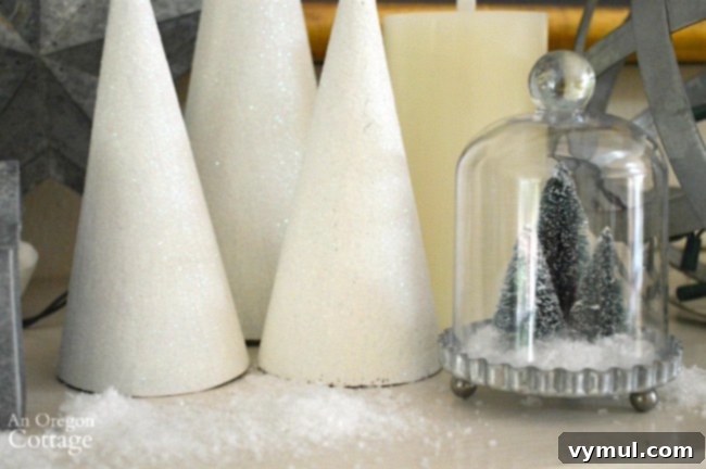 Snowy galvanized Christmas Decorations-mini cloche and DIY glitter cone trees