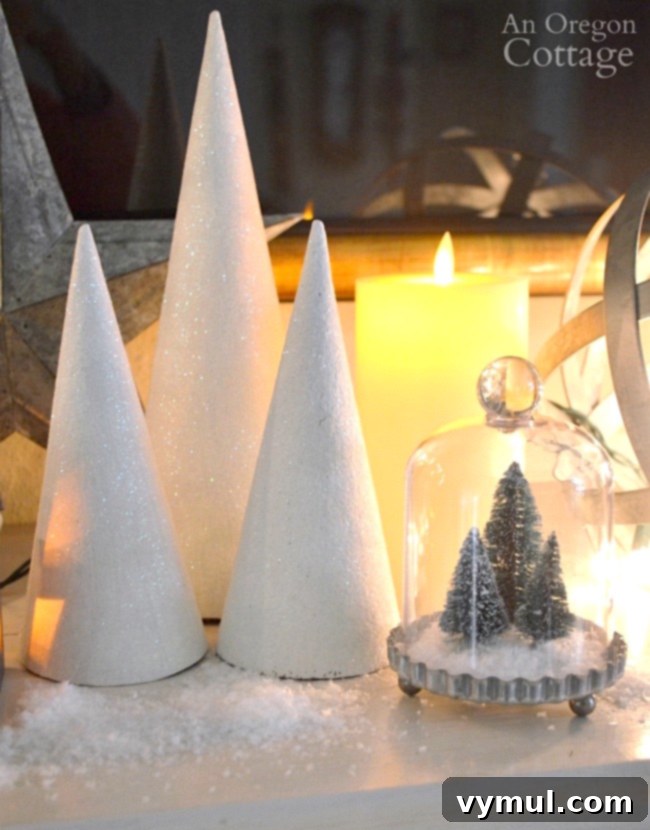 Snowy galvanized Christmas Decorations-white glitter cone trees lit