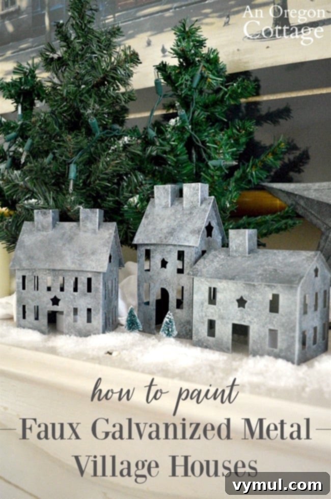 Create a Faux Galvanized Finish Step-by-Step Guide 2 Close-up of small metal village houses with a DIY faux galvanized finish, showcasing rustic farmhouse decor potential.