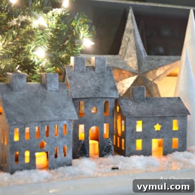 Create a Faux Galvanized Finish Step-by-Step Guide 3 Faux galvanized finish metal village houses lit with candles