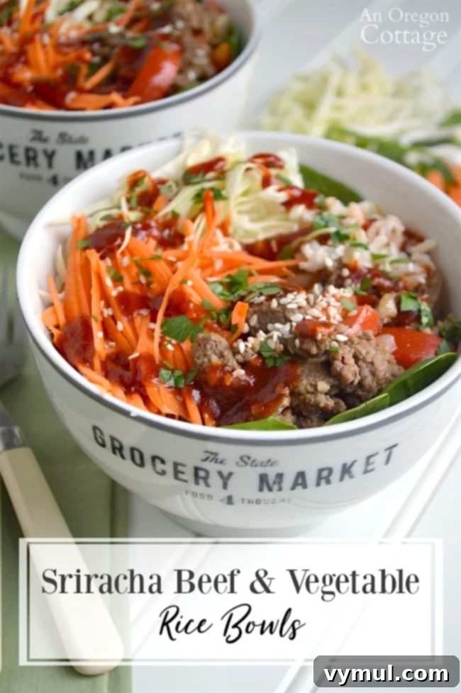 Sriracha Beef & Veggie Rice Bowls for Quick Weeknight Flavor 2 Vibrant Sriracha Beef, Vegetables, and Rice Bowls served for a healthy dinner
