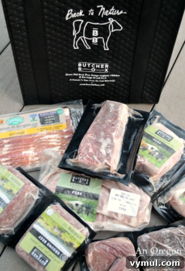 Sriracha Beef & Veggie Rice Bowls for Quick Weeknight Flavor 4 ButcherBox frozen meat packages in a branded bag, indicating a meat delivery service