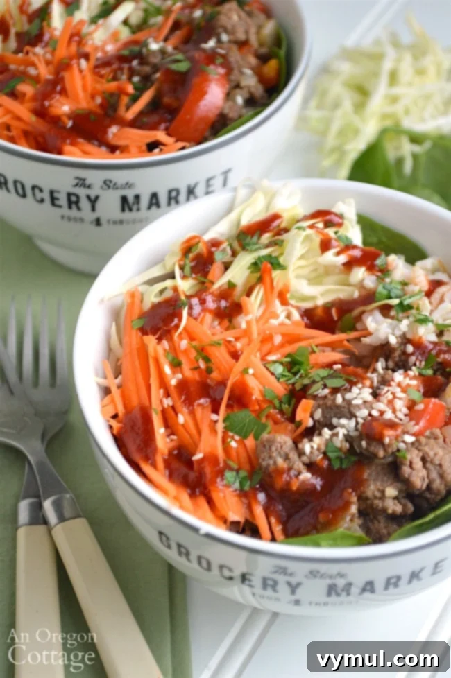 Sriracha Beef & Veggie Rice Bowls for Quick Weeknight Flavor 6 Beautifully assembled bowls featuring Sriracha beef, fresh vegetables, and fluffy rice