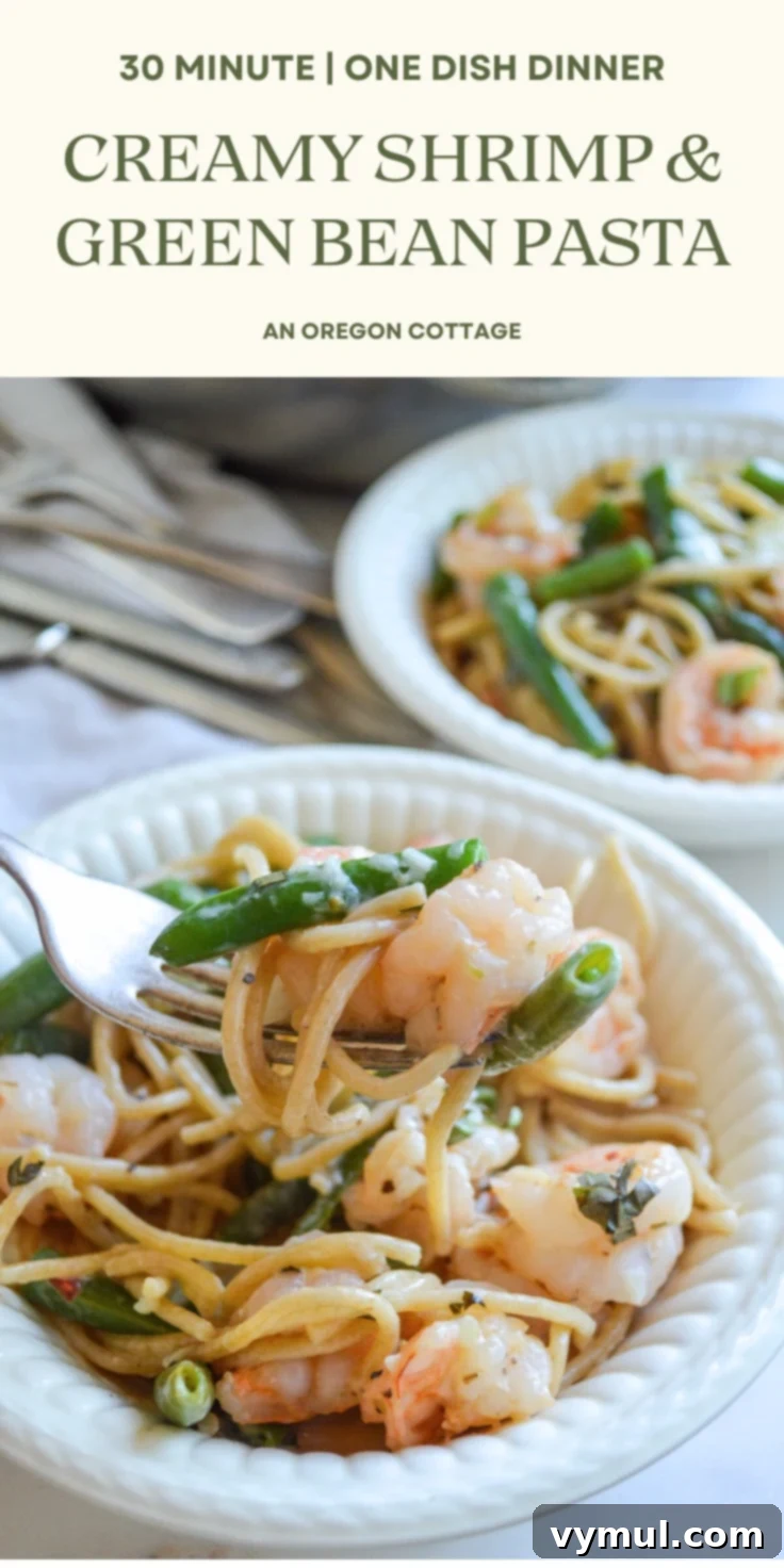 Easy 30 Minute Creamy Shrimp Pasta with Green Beans 10 shrimp pasta with green beans Pinterest image
