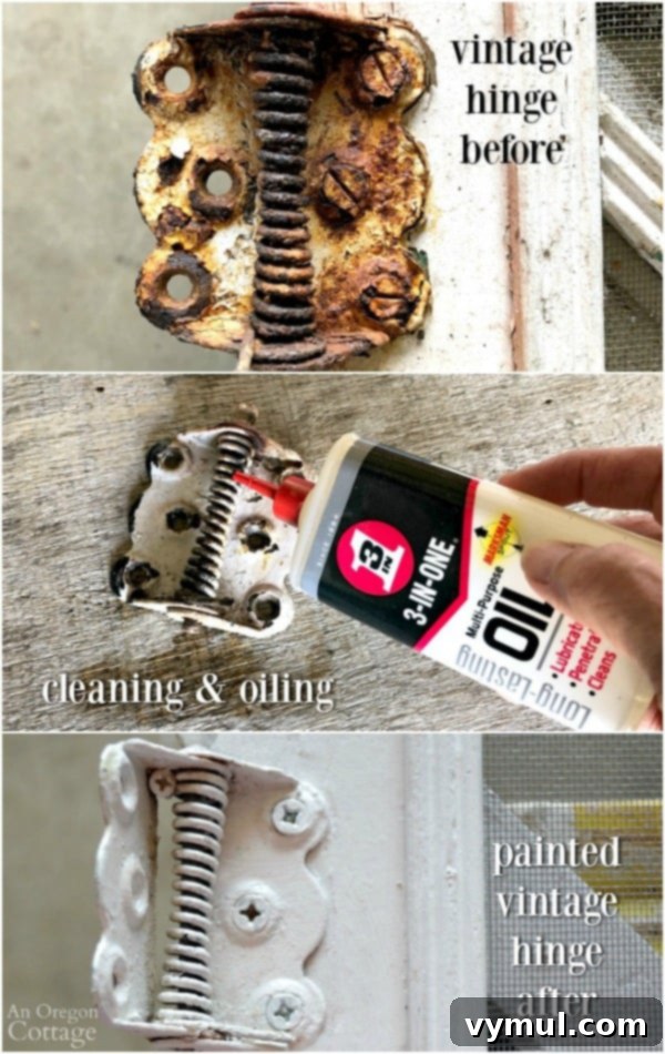 Revive Your Vintage Screen Door 9 Restoring vintage hinge on old screen door with 3-IN-ONE oil