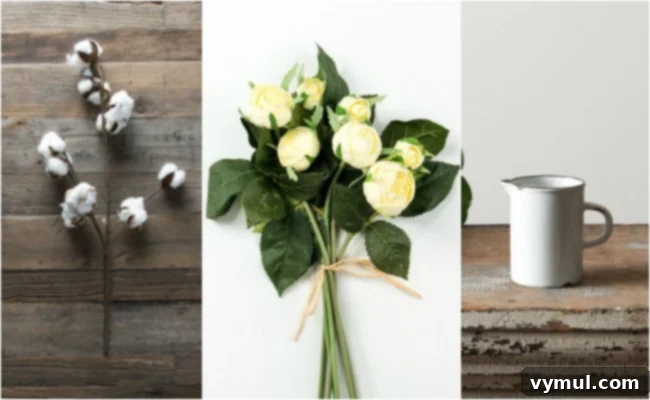 A collection of small items from Magnolia Marketplace including a cotton stem, faux cabbage roses, and a stoneware creamer.