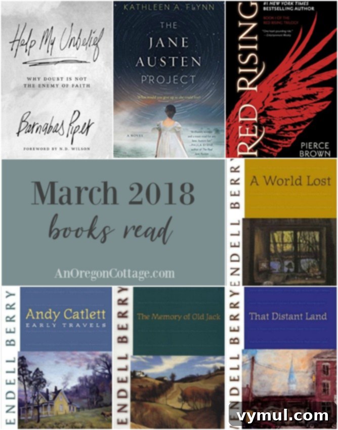 A stack of 7 books read in March 2018, featuring various genres and authors, with a cup of tea and reading glasses.
