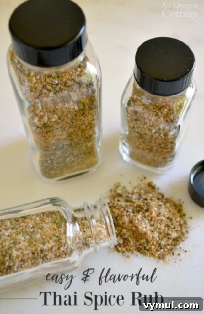 Simple and Delicious Thai Spice Rub 2 Homemade Thai spice rub stored in small glass jars, ready for use or gifting.