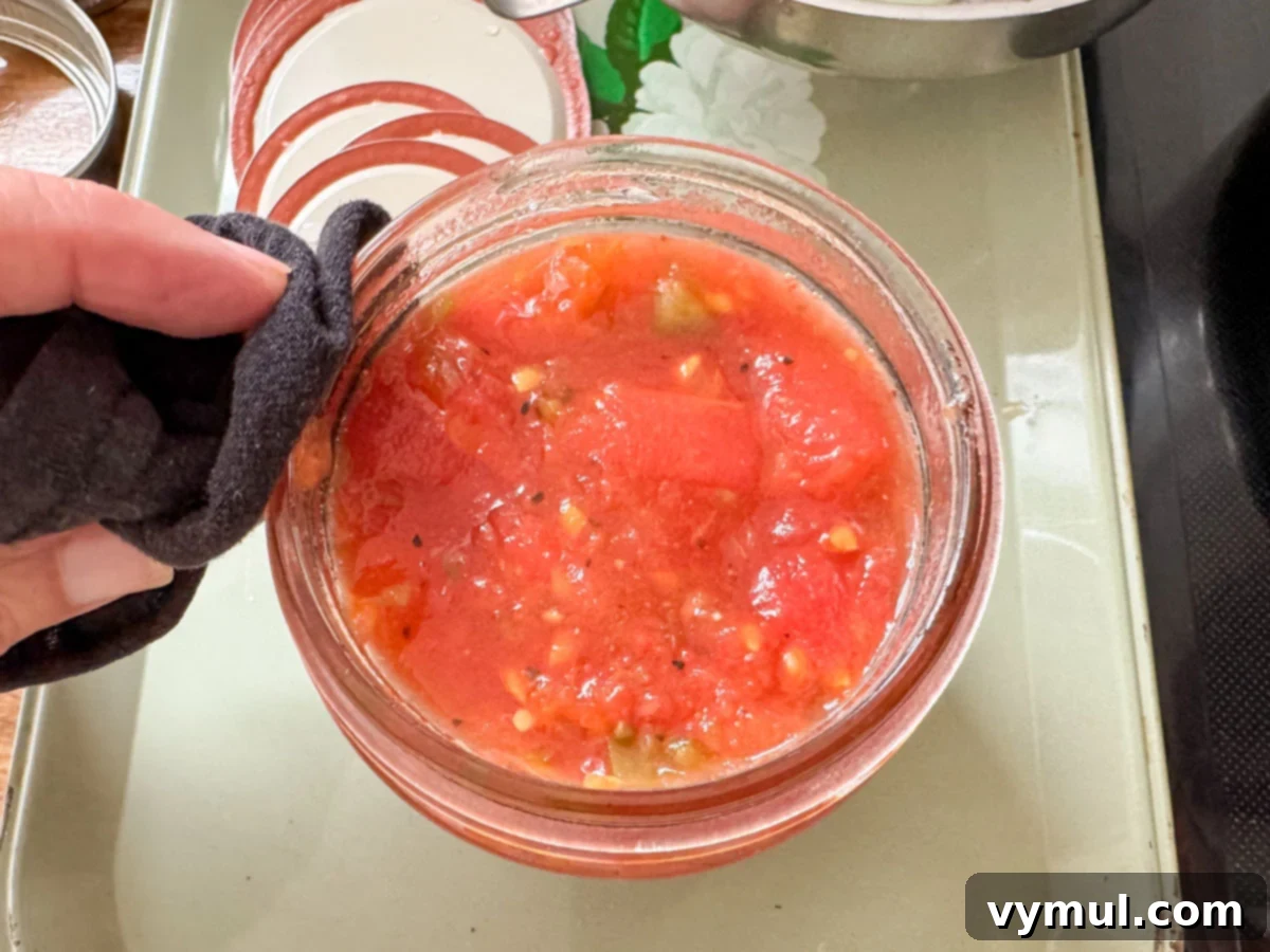 Homemade Rotel-Style Tomato and Green Chili Mix 8 wiping rim of filled canning jar