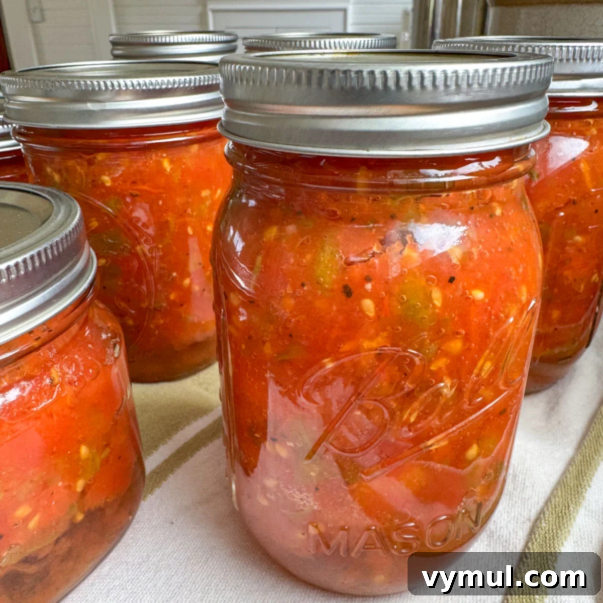 Homemade Rotel-Style Tomato and Green Chili Mix 10 jars of Rotel on towel-lined counter