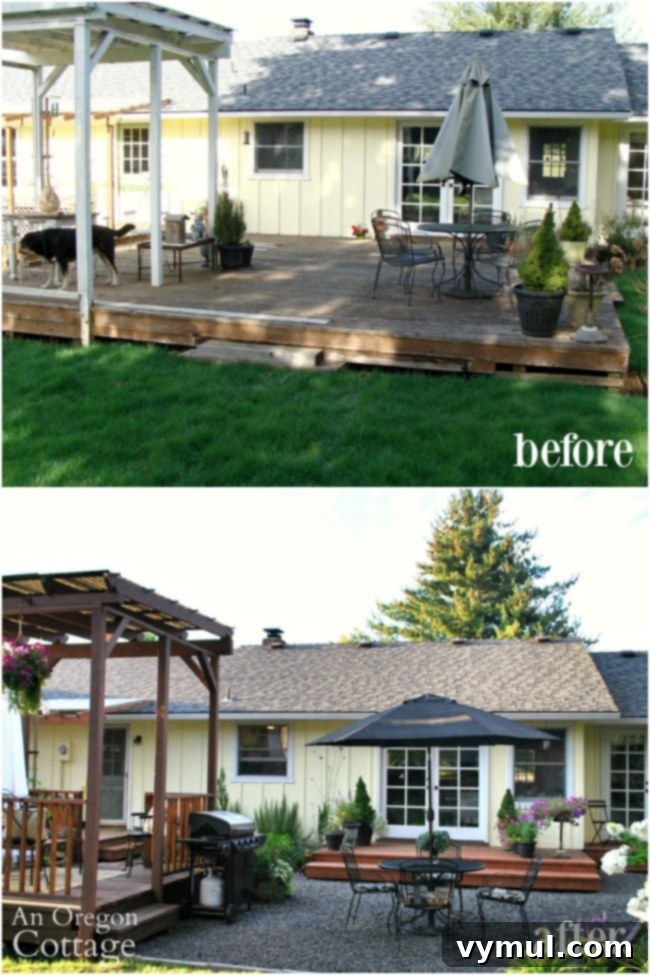 Crafting an Outdoor Oasis Four Rooms from a Single Rotten Deck 5 DIY Backyard Deck Makeover Before and After with dining and entry areas