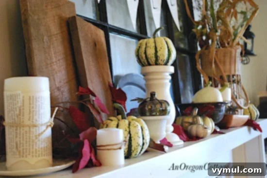 Cozy fall mantel with natural elements and vintage decor