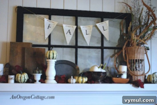 Autumn mantelpiece featuring white pumpkins, wooden accents, and metallic touches