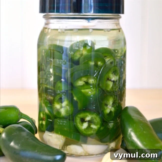 Effortless Fermented Jalapeño Pickles 7 Finished fermented pickled jalapeños in a jar, ready for refrigeration