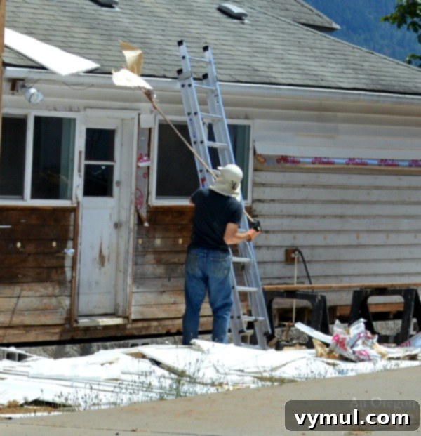 Podcast Ep. 40: 1900s Farmhouse: Restore or Remodel? 10 Brian using ladder to remove siding