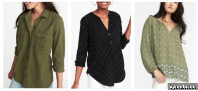Good Things 8 Your Guide to Gardens Wellness Fall Fashion and Must Reads 5 Three Old Navy fall shirts: a Hunter Pines shirt jacket, a black dot popover shirt, and a green printed lightweight blouse.