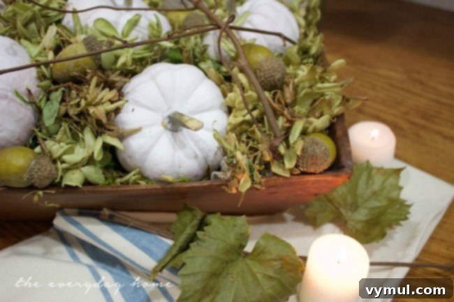 Fall Farmhouse Focal Points Cozy Cottage Centerpieces 15 Fall Dough Bowl Arrangement with Grape Leaves and Vines